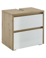 Tölgyszínű korpusz bútorlapból készült 2 db üvegfrontos fiók kozmetikai tárolóval lapraszerelt