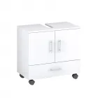 Klasszikus, fehér színű korpusz és front bútorlapból készült 2 ajtós és 1 fiókos szifonkivágással fékezhető görgőkkel lapra
