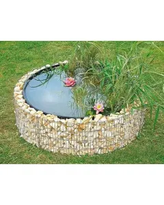 Gabionfalas magasított kerti tó 146 cm átmérő, 40 cm magasság 0,5 mm vastag pvc fóliabetét vastag geotextília az éles kövekhez cs
