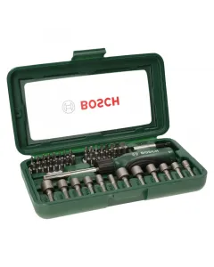 A bosch bitkészlet különféle csavarozási feladatokhoz használható 46 db tartozékot tartalmaz, köztük biteket, dugókulcsokat és u