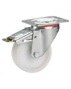 Anyaga:  acéllemez, poliamid teherbírás: max. 150 kg kerékátmérő: 80 mm lemezméret: 100 x 85 mm fékezhető