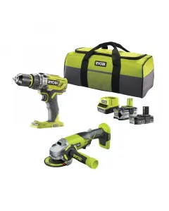 2 gépes ryobi one+ szett ütvefúró-csavarozóval és sarokcsiszolóval 18 v akkumulátoros rendszer teljes kompatibilitással 1× 2,0 ah 