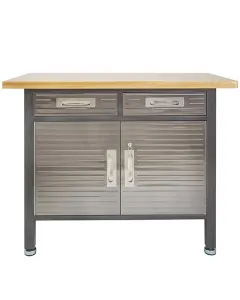 Tömör, 38 mm-es, bükkfa munkalap munkapad mérete: kb. 61 x 122 x 95 cm max. terhelés: 315 kg Állítható magasságú lábak zárható,
