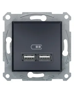 Schneider asfora aljzat 2db usb töltővel ip20 és ik04 védettség 2 usb-a port csavaros rögzítés antracit színben