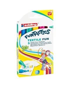 Edding funtastics 17 textilfilc készlet, 5 db kerek hegy, 2–3 mm vonalvastagság vízbázisú, fényálló tinta, gyorsan szárad 60 °c-