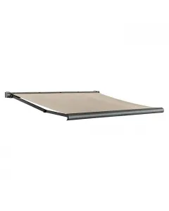 SUNFUN ELBA - csuklókaros teli kazettás napellenző motorral (3x2,5m, antracit-bézs) Állítható dőlésszög prémium ponyva magas uv-védelemmel 290 g/m2 akrilponyva vészhelyzeti hajtókar karcsú, modern design távirán