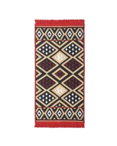Front szőnyeg beltéri használatra méret: 60 cm x 120 cm teljes súly: 1100 g/m2 anyaga 100% pamut piros-sárga színű, természetes ha