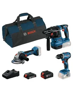 Bosch professional akkus 3 részes gépszett  szénkefementes akkus fúró-csavarozó, fúrókalapács és sarokcsiszoló két akkumulátor
