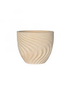 Kültéri virágcserép a wave termékcsaládból 42 cm átmérőjű, kerek kialakítás hullámmintás felület, vintage mandula szín kéz
