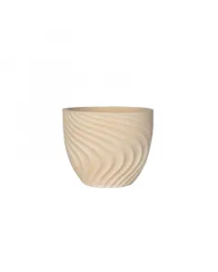 Kültéri virágcserép a wave termékcsaládból 32 cm átmérőjű, kerek kialakítás hullámmintás felület, vintage mandula szín kéz