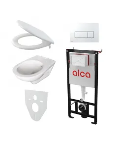 Alca wc-szett 5in1 perem nélküli wc csészével stabil falsík előtti szerelési rendszer kettős mechanikus öblítésű nyomólap fény