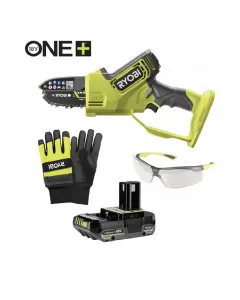 Ryobi one+ akkus ágvágó szett  akkufeszültség: 18 v láncvezető hossza: 10 cm max. vágási kapacitás: 80 mm szerszám nélküli 