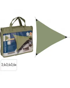Napvitorla kültéri árnyékolásra, háromszög alakú, 3,6x3,6x3,6 m méretben zöld színben 170 g/m² sűrűségű poliészter anyagbó