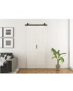 Tolóajtószett modern, helytakarékos megoldás csuklós rendszer  fehér pvc fóliás mdf ajtólap fekete fém konzollal és sínszettel 