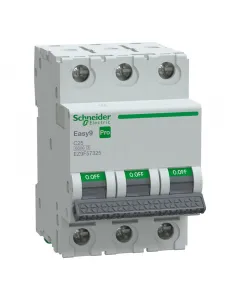 Schneider easy9 pro kismegszakító, 25 a 3 pólusú, c kioldási jelleggörbével 6000 a névleges megszakítóképesség zöld érintkező