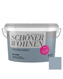 Denim árnyalatban a schÖner wohnen márka beltéri falfestéke matt felületet ada festett fal kopásnak, dörzsölésnek és rendszeres t