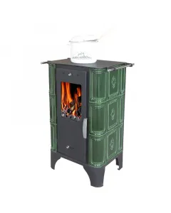 Domofire mira tűzhely csempeberakással, 6 kw, zöld kivitel főzésre és párolásra is alkalmas platni hátsó füstcsőkivezetés, 120 