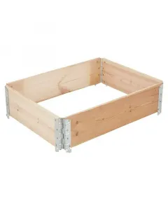 Gardol magaságyás (80×60×20 cm) nordikus tűlevelű fából, kb. 1,5 cm falvastagsággal fém sarokzsanérokkal erősített, stabil kivi