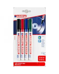Edding 8400 cd/dvd/bd marker készlet, 4 db kerek hegy 0,5–1 mm írásvastagsággal vízbázisú, oldószermentes, permanent tinta négy s
