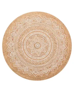 100% juta szőnyeg természetes rostból azték mintás, kör alakú kialakítás Ø100 cm átmérő, kb. 1 m2 felület boho, vintage és ru