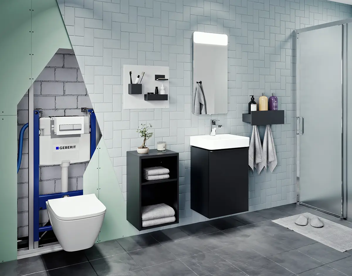 Falba telep&iacute;thető WC tart&aacute;ly &eacute;s fali WC a f&uuml;rdőszob&aacute;ban. 
